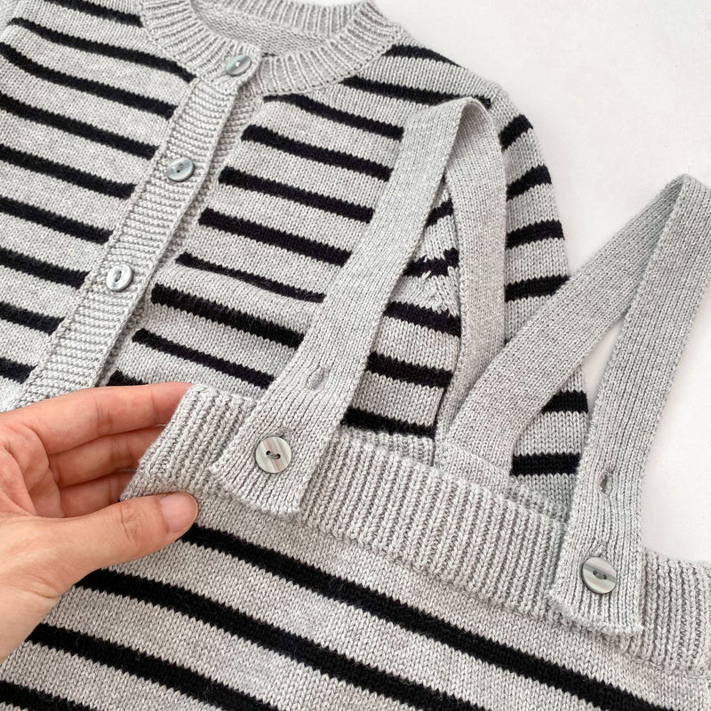 Autumn Striped Pattern Knitted Overalls Combo Cardigan Sets