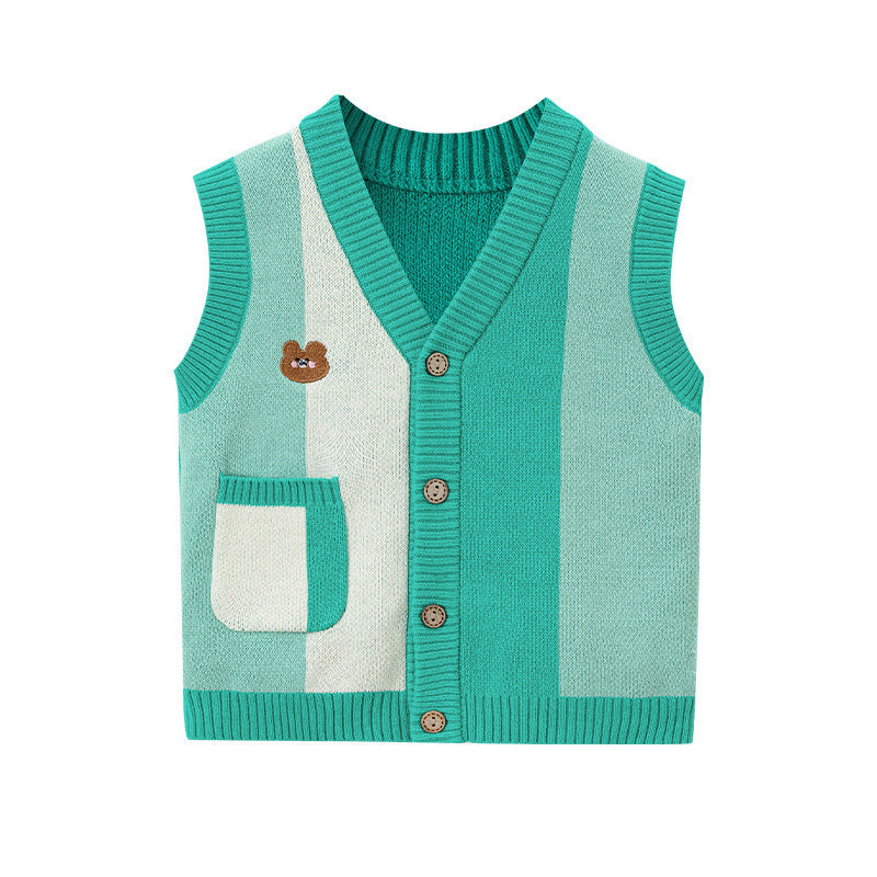 Cartoon Bear Pattern V-Neck Design Knitwear