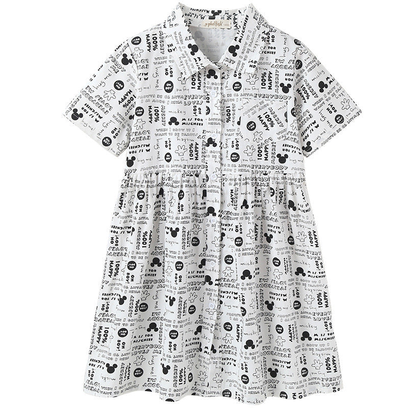 Girl Printed Pattern Single Breasted Design Polo Collar Dress