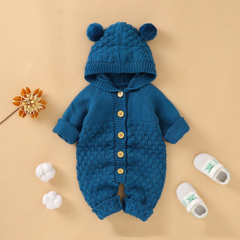 Baby 1pcs Cable Knitted Graphic Button Front Design Rompers With Hairball Patched Hat