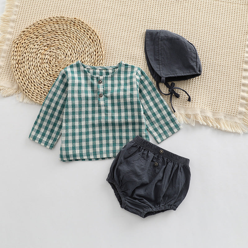 Baby Plaid Graphic Tops And Solid Shorts With Hat 1Pieces Sets