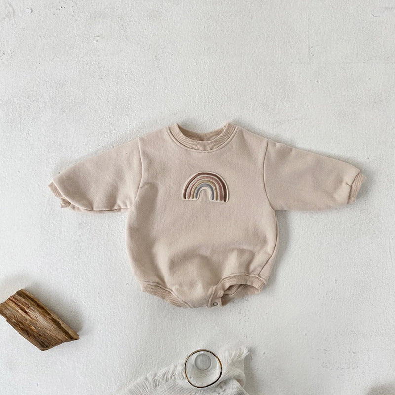 Baby 1pcs Rainbow Embroidery Pattern Solid Color Long Sleeves Soft Bodysuit