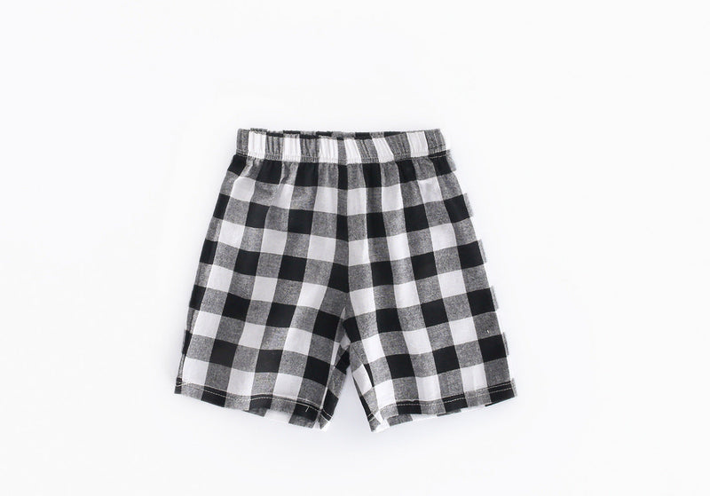 Baby Boys Bear Print Pattern Clashing Short-Sleeved Top Combo Plaid Shorts Sets