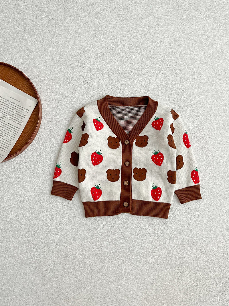 Baby Girls Cute Strawberry Combo Little Bear Head Long-Sleeved Cardigan