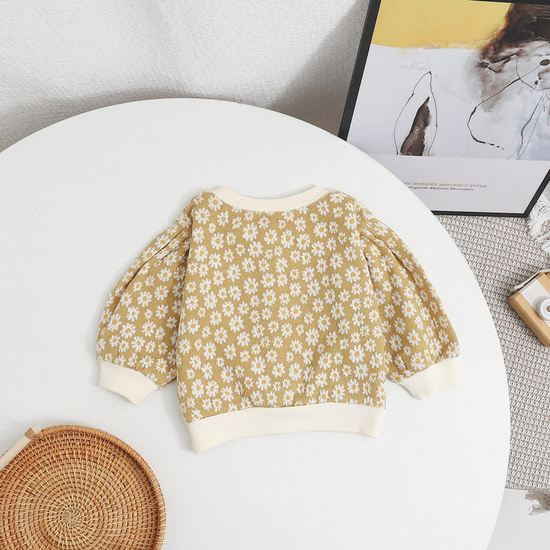 Baby Girl Daisy Pattern Single Breasted Design Puff Sleeve Sweet Cardigan