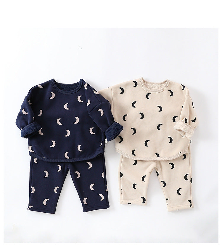 Unisex Baby Moon Print Round Collar Top Combo Long Pants In Sets