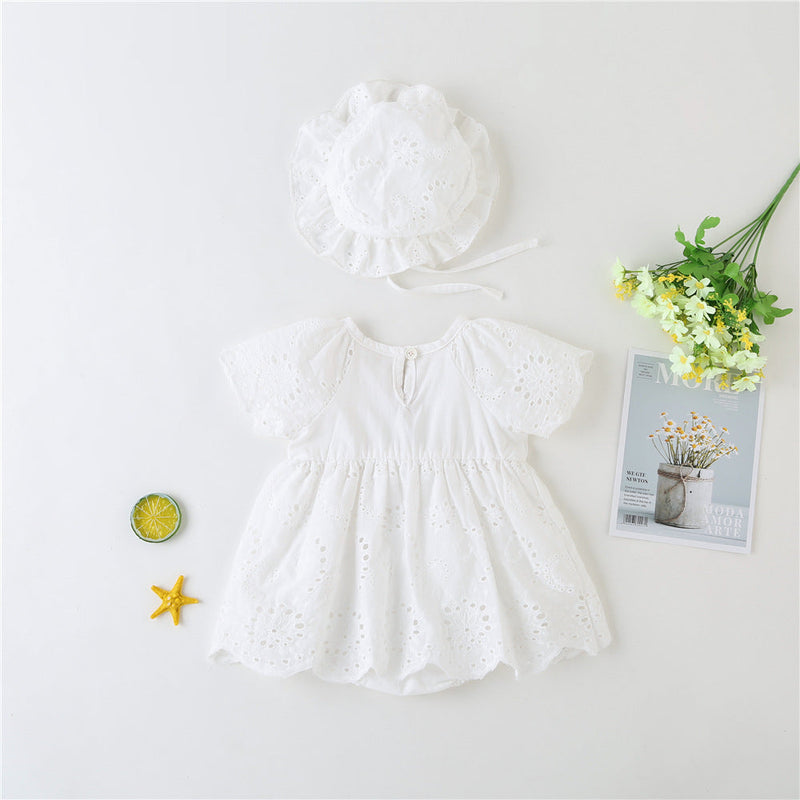 Baby Girl 1pcs Solid Color Hollow Carved Design Bow Onesies Dress