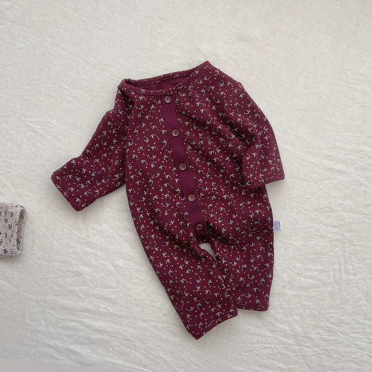 Baby Ditsy Flower Pattern Full Button Design Waffle Knit Rompers