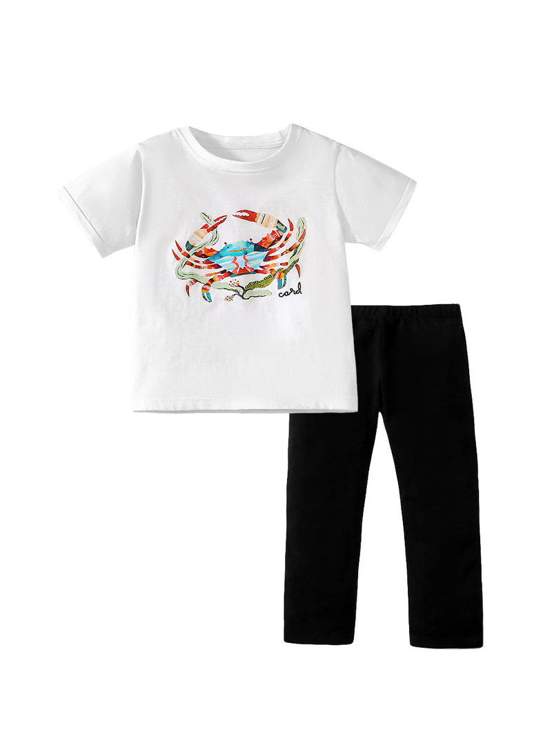 Girls Colorful Crab Cartoon T-Shirt And Black Pants Set