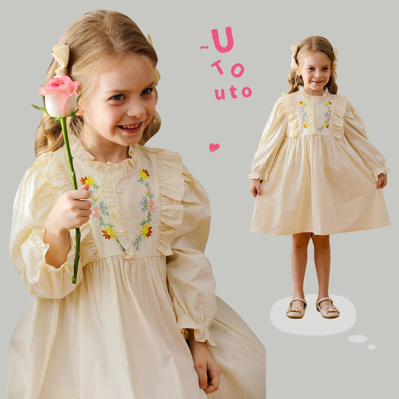 Arrival Autumn Girls Simple Ruffle Neck Long Sleeves Vine and Flowers Pattern Dress