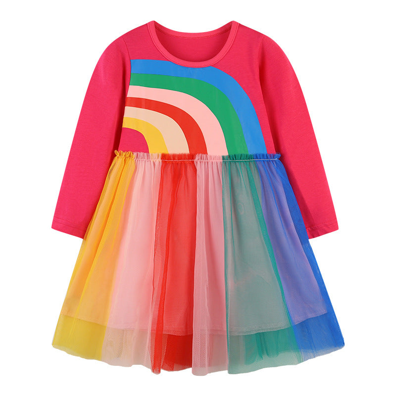 Baby Colorful Rainbow Pattern Mesh Overlay Design Pullover Dress