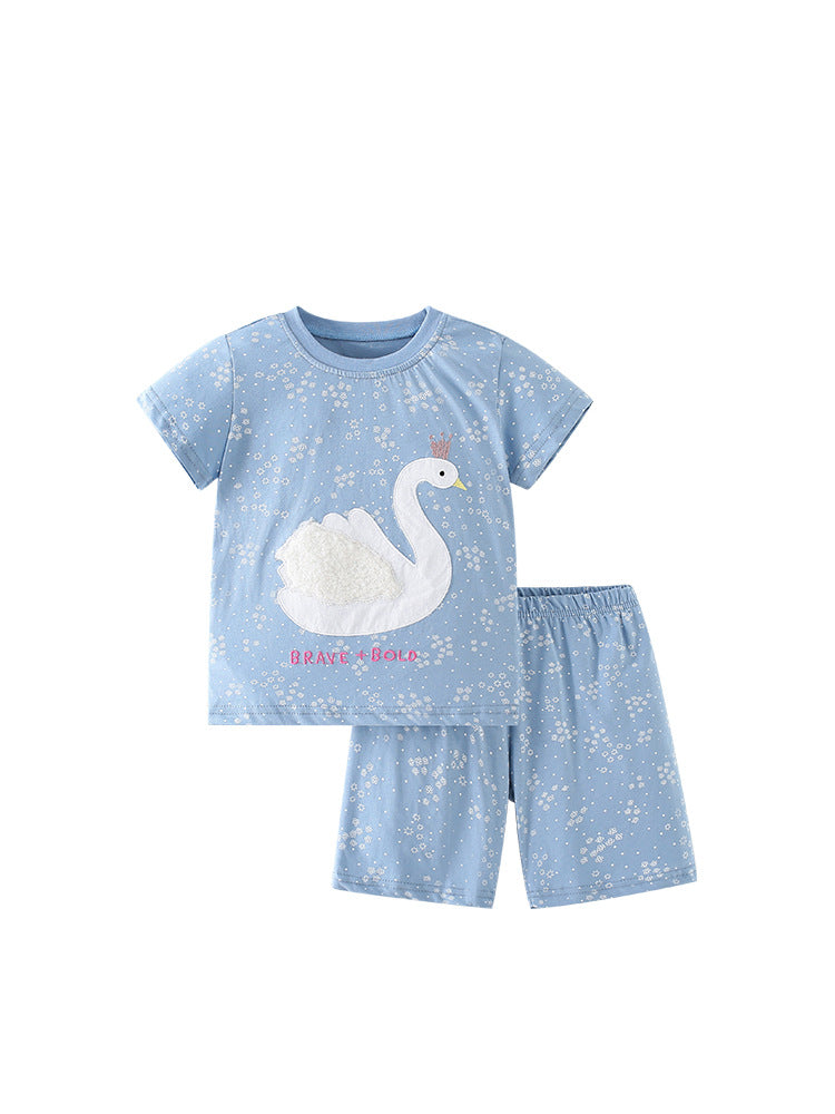 Summer Baby Kids Girls Swan Cartoon Pattern Short Sleeves T-Shirt And Shorts Casual Clothing Set