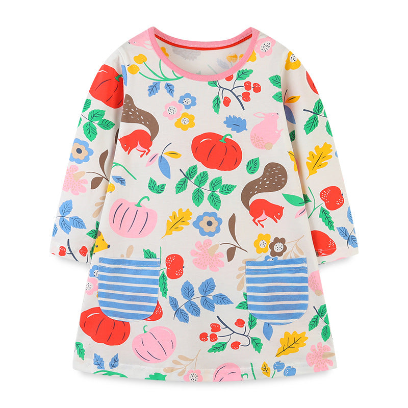 Baby Girl All Over Print Pattern O-Neck Pullover Princess Dress