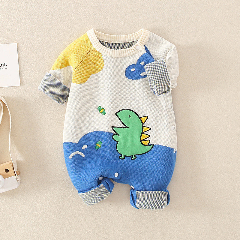 Baby Dinosaur Pattern Colorblock Design Cute Knit Romper