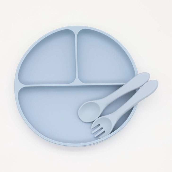 Baby Silicone Round Sucker Compartment Dinner Plate With Spoon Fork Sets