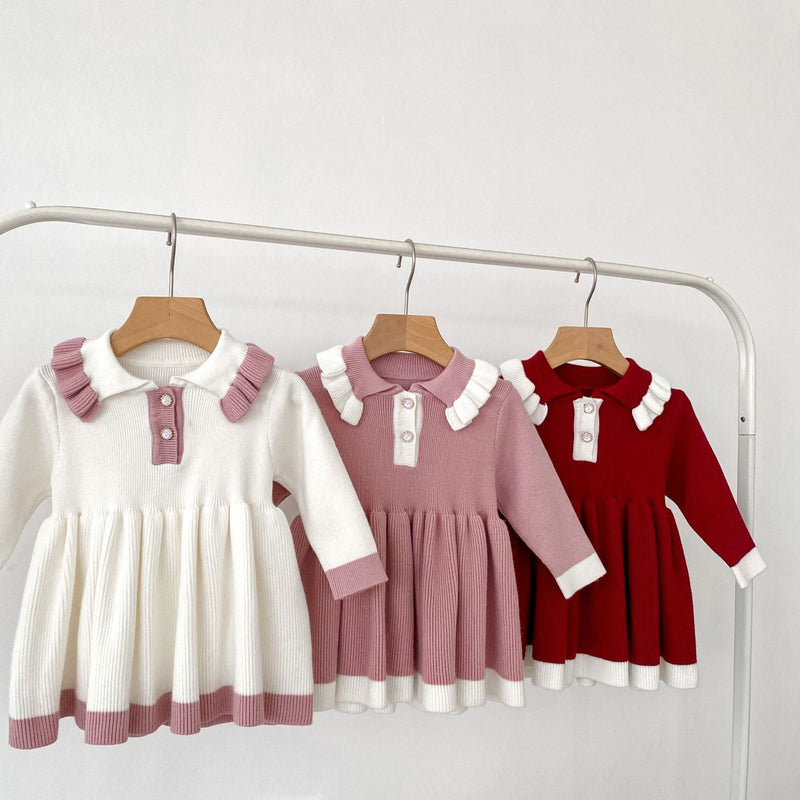 Autumn New Arrival Baby Girls Knitted Long Sleeves Color Patchwork Dress