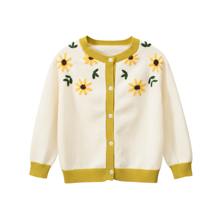 Baby Girl Floral Embroidered Pattern Simple Colorblock Design Knitwear