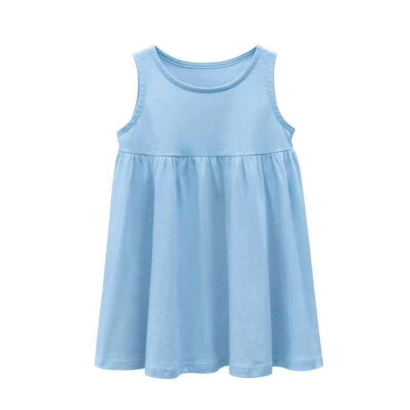 Baby Girls Solid Round Collar Design Sleeveless Dress In Summer