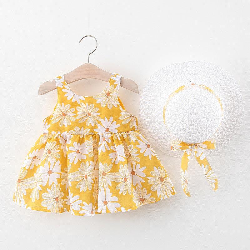 Baby Flower Pattern Bow Patched Design Sling Dress In Summer With Hat