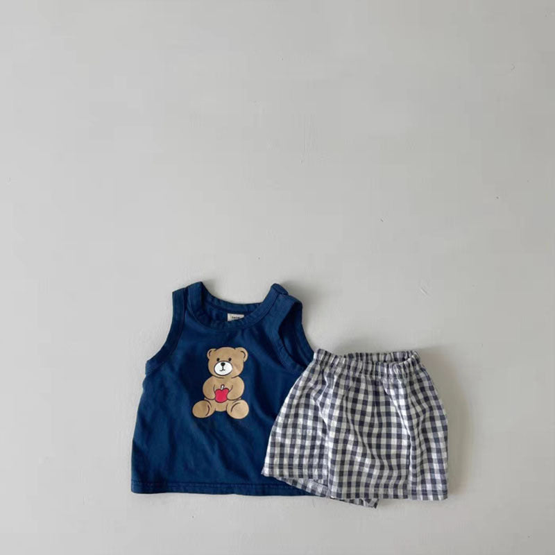 Baby Bear Print Pattern Tops With Plaid Shorts Sets