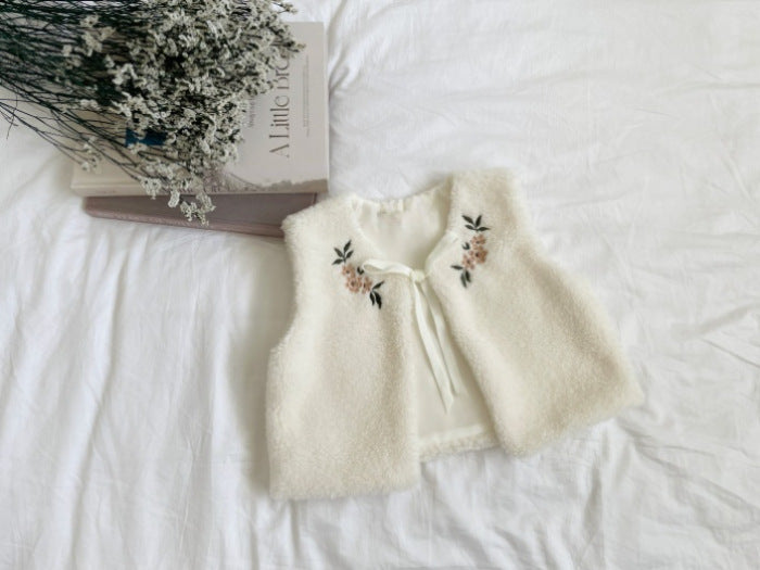 Baby Floral Embroidered Pattern Lamb Wool Vest Jacket