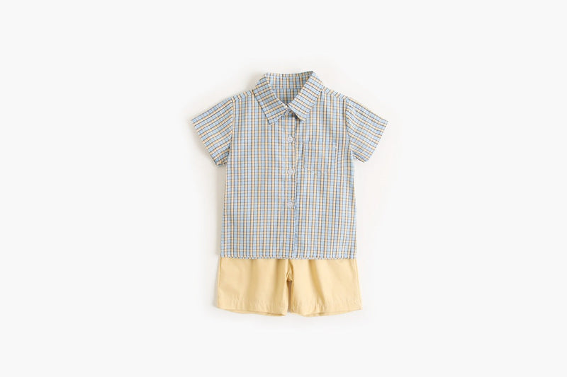 Baby Boy Plaid Pattern Single Breasted Design Polo-Neck Shirt Combo Shorts