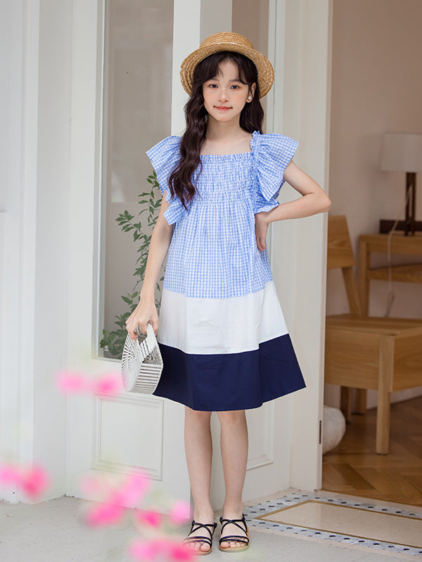 Hot Selling Summer Kids Girls French Style Color Patchwork Plaid Cotton Sleeveless Dress