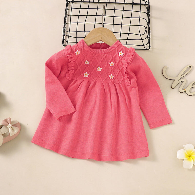 Baby Girl Flower Patched Pattern Solid Color Knitted Dress