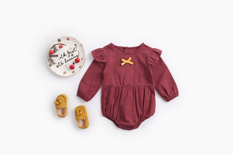 Baby Girl Solid Color Bow Patched Design Little Butterfly Sleeves Bodysuit