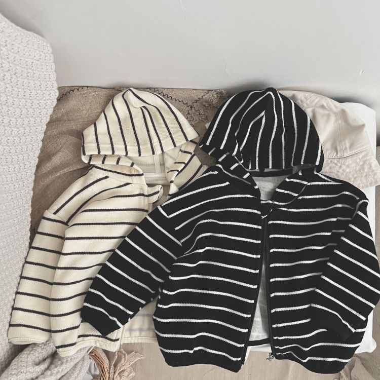 Baby Striped Pattern Single Breasted Design Long Sleeve Coat With Hat