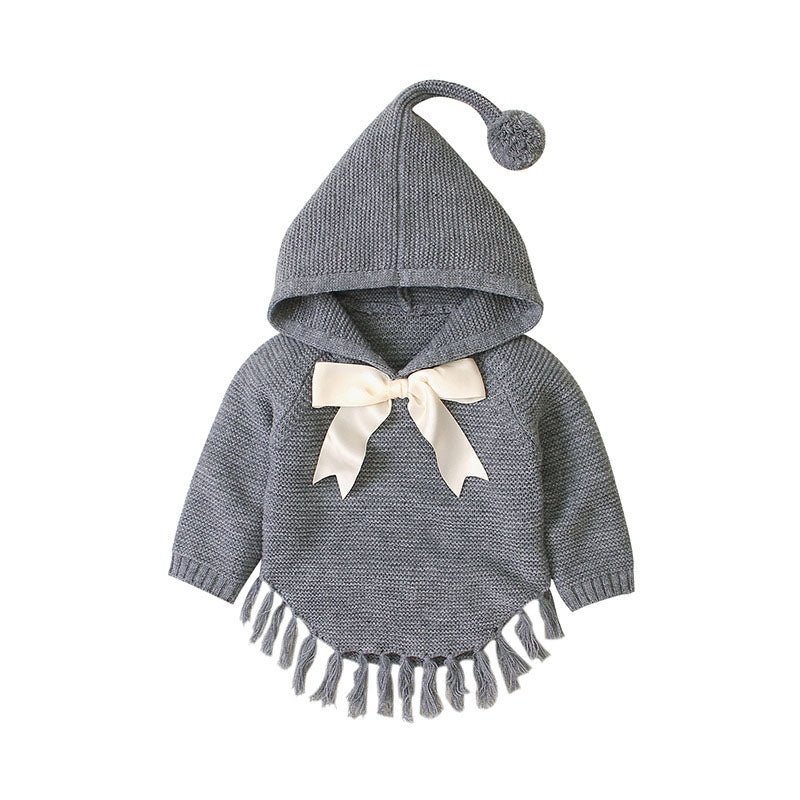 Baby Girl 1pcs Solid Color Big Bow Tie Patched Design Shawl Kniited Hoodies With Hat