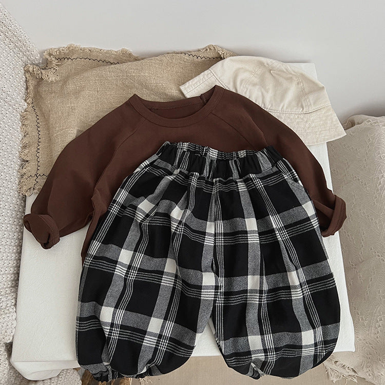 Baby Classic Plaid Pattern Loose Cotton Trousers