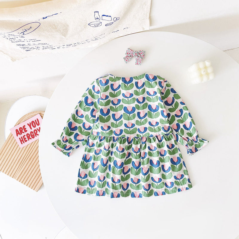 Baby Girl Floral Print Pattern Doll Neck A-Line Design Dress