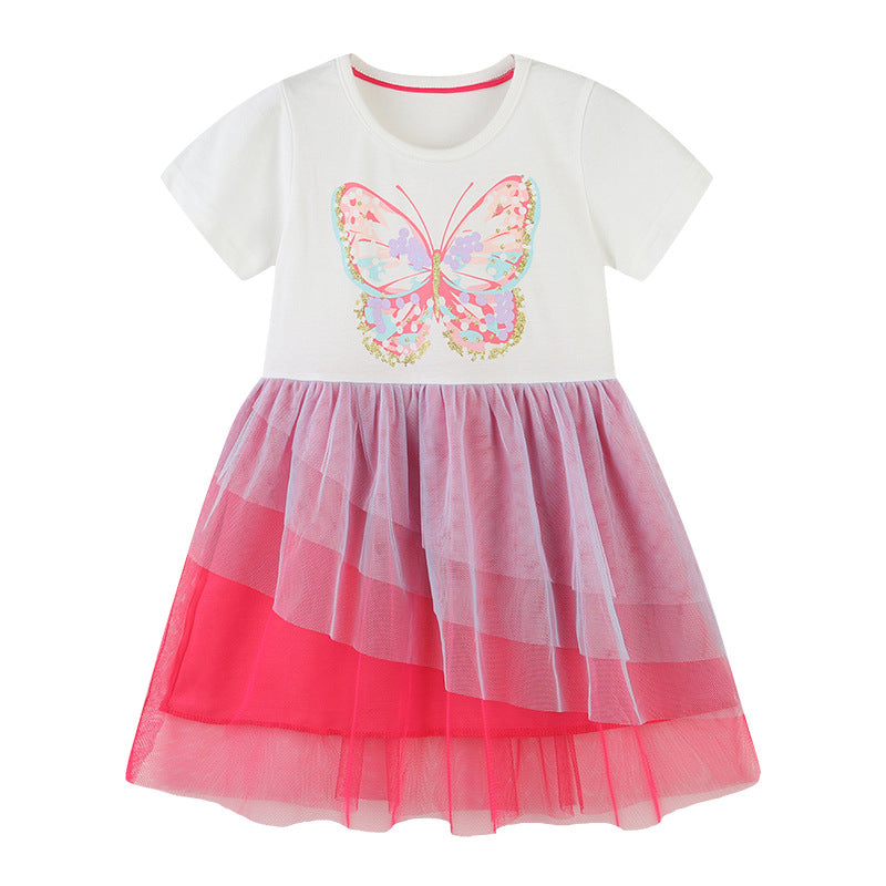 Baby Girl Butterfly Patched Pattern Mesh Patchwork Dress