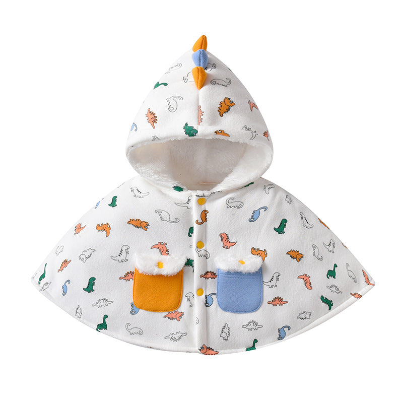 Kids Cartoon Dinosaur Print Button Front Design Shawls With Hat