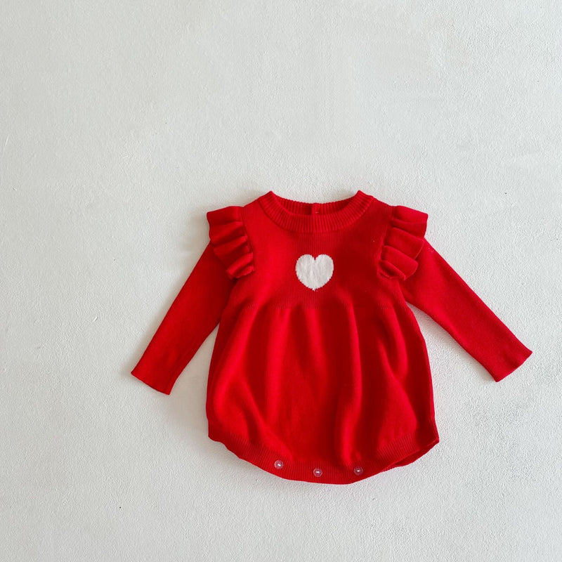 Baby Girl 1pcs Heart Embroidered Pattern Ruffle Long Sleeve Knit Onesies