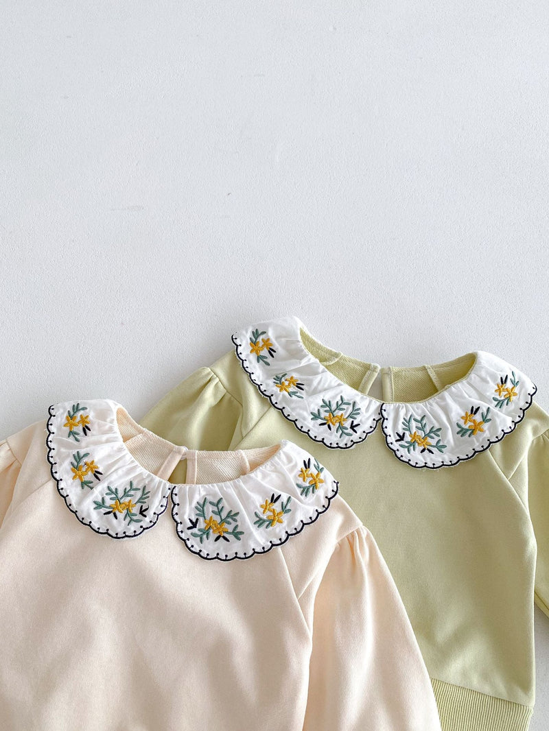 Cute and Versatile Two-Piece Set: Flowers Embroidered Collar Top and Solid Color Pants for Baby Girls and Toddlers