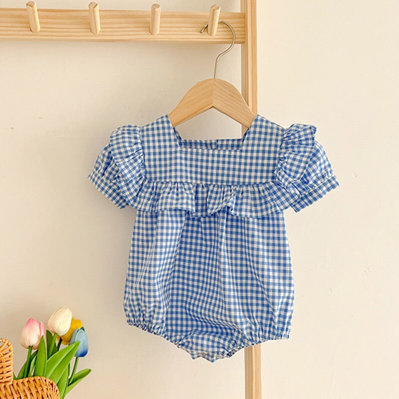 Baby Plaid Pattern Square Neck Puff Sleeves Onesies & Dress