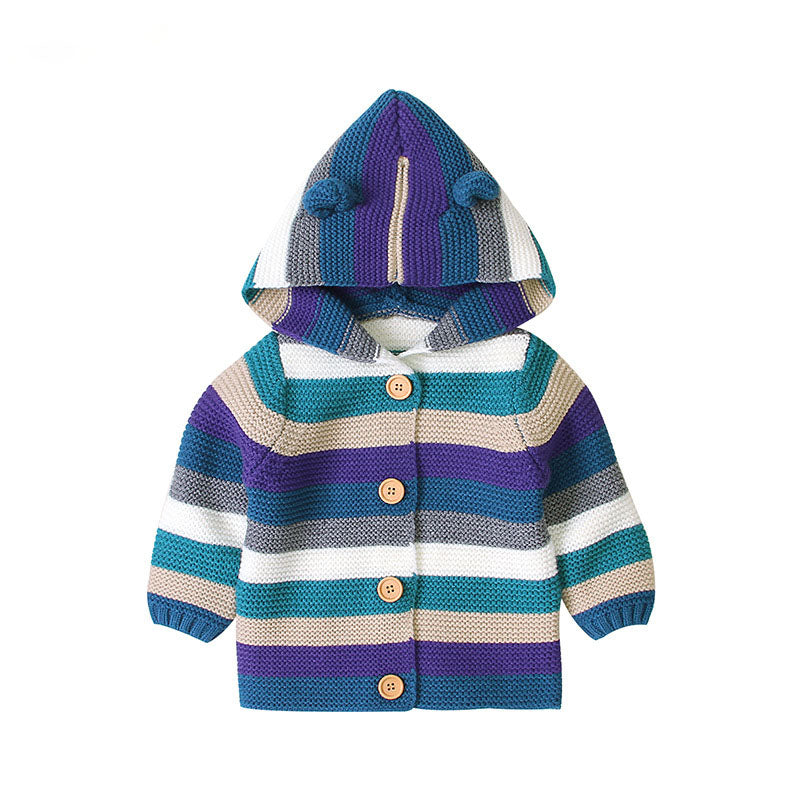 Baby Colorful Striped Pattern Button Front Knitted Cardigan With Hat