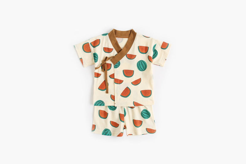 Baby Fruit Print Belt Design Short-Sleeved Top Combo Shorts Japan Style Sets Pajamas