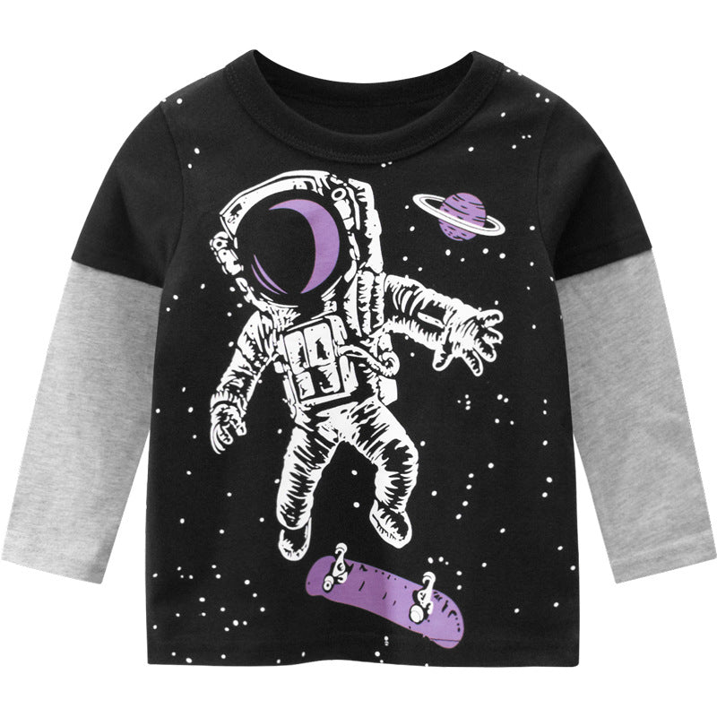 Baby Boy Astronaut Pattern Contrast Sleeved Design Long Sleeved Shirt