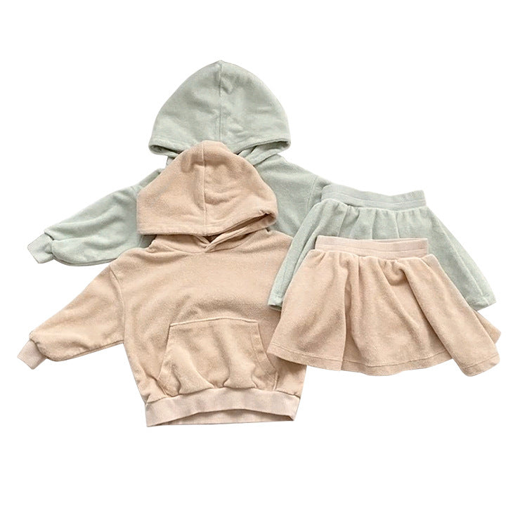 Baby Girl Solid Color Soft Cotton Hoodie With Skirt Sets