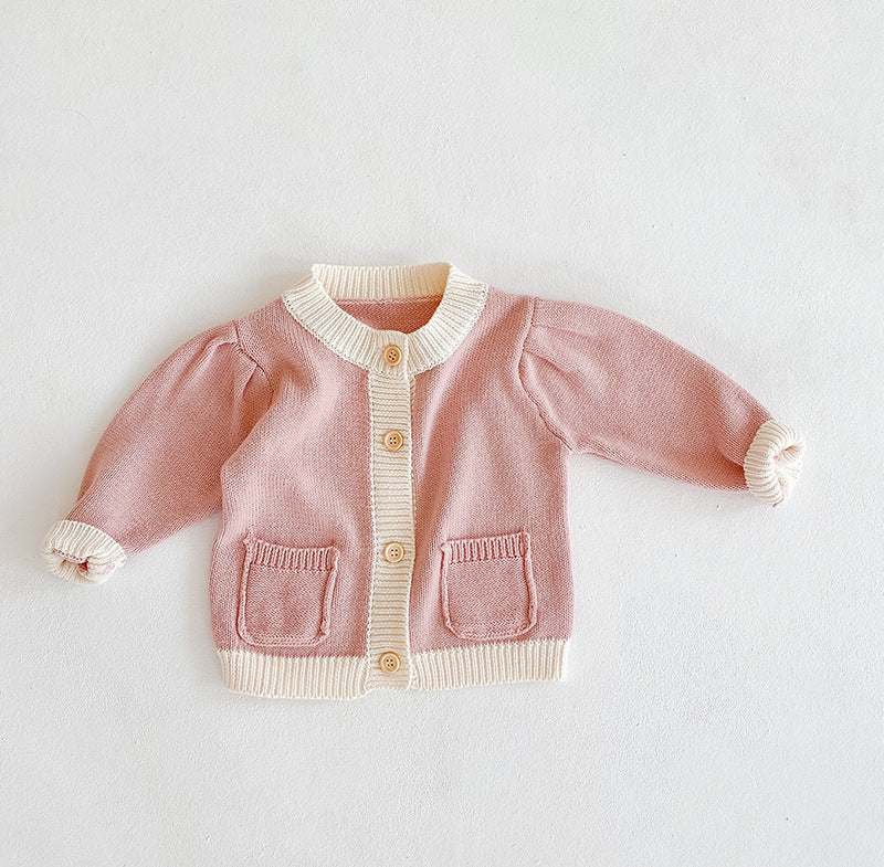 Baby Girl 1pcs Contrast Pattern Buttoned Front Puff Sleeve Knitted Cardigan