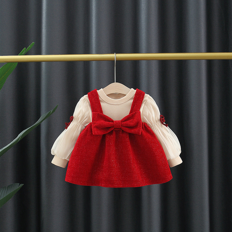 Autumn and Winter New Arrival Baby Girls Long Sleeves Crew Neck Top and Overalls Dress