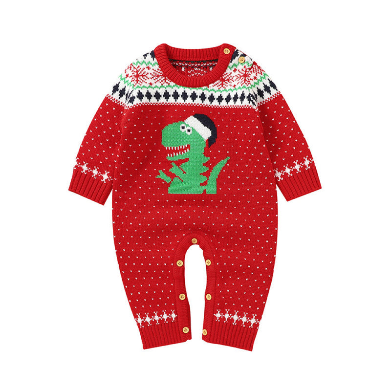 Baby Dinosaur And Dot Print Pattern Christmas Style Knit Warm Romper