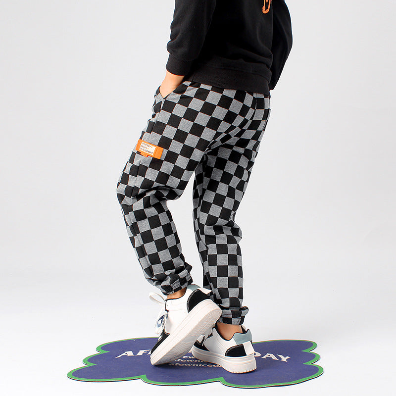 Baby Boy Checkerboard Print Pattern Fleece Thickened Pants