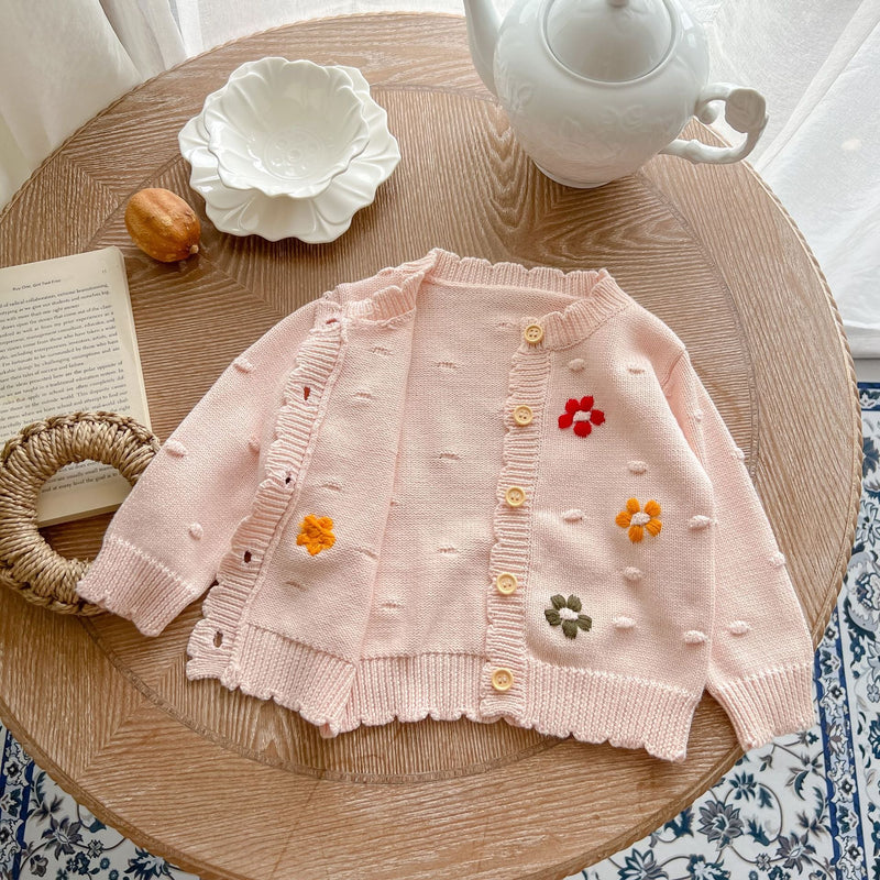 Baby Girl Flower Embroidered Graphic Single Breasted Design Knit Cardigan