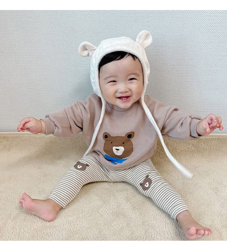 Baby Cartoon Bear Pattern Solid Color Or Striped Design Cotton Pants