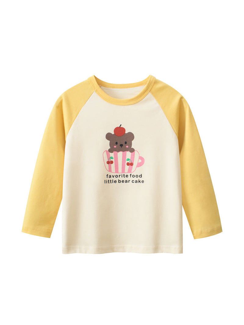 Autumn New Arrival Kids Girls Cartoon Print Crew Neck Long Sleeves Color Patchwork Shirt