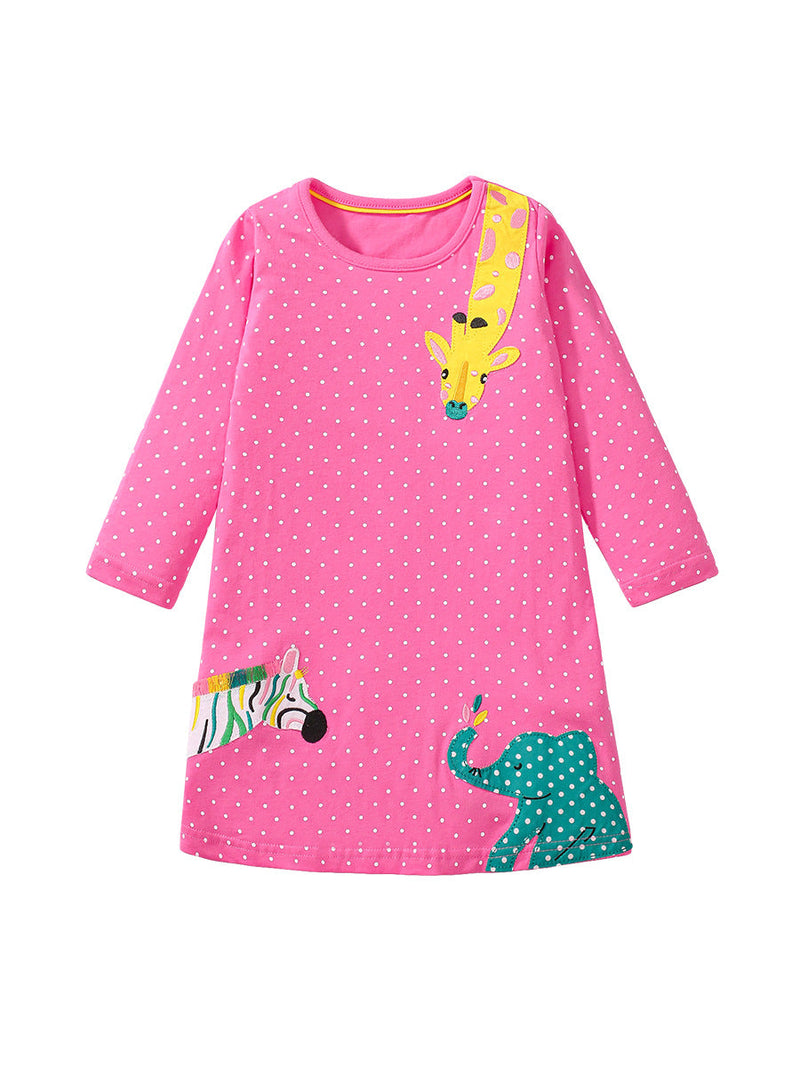 Design Autumn Girls Vivid Dots And Animals Pattern Long Sleeves Dress